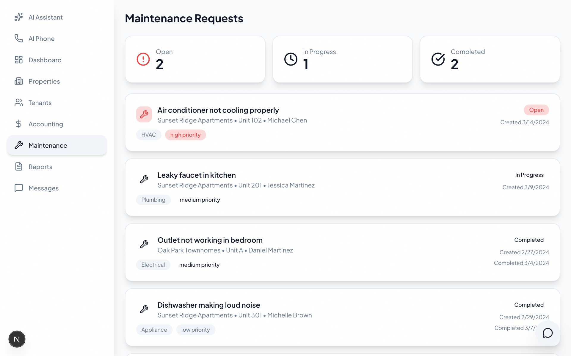 A maintenance request queue inside a property management dashboard